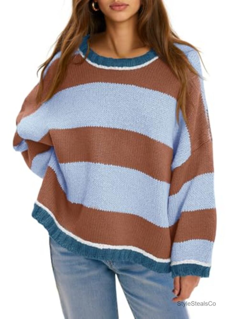 Womens Oversized Striped Color Block Crewneck Knitted Pullover Sweater Top